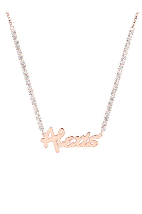 Women's Bold Script Name Plaque CZ Chain Necklace
