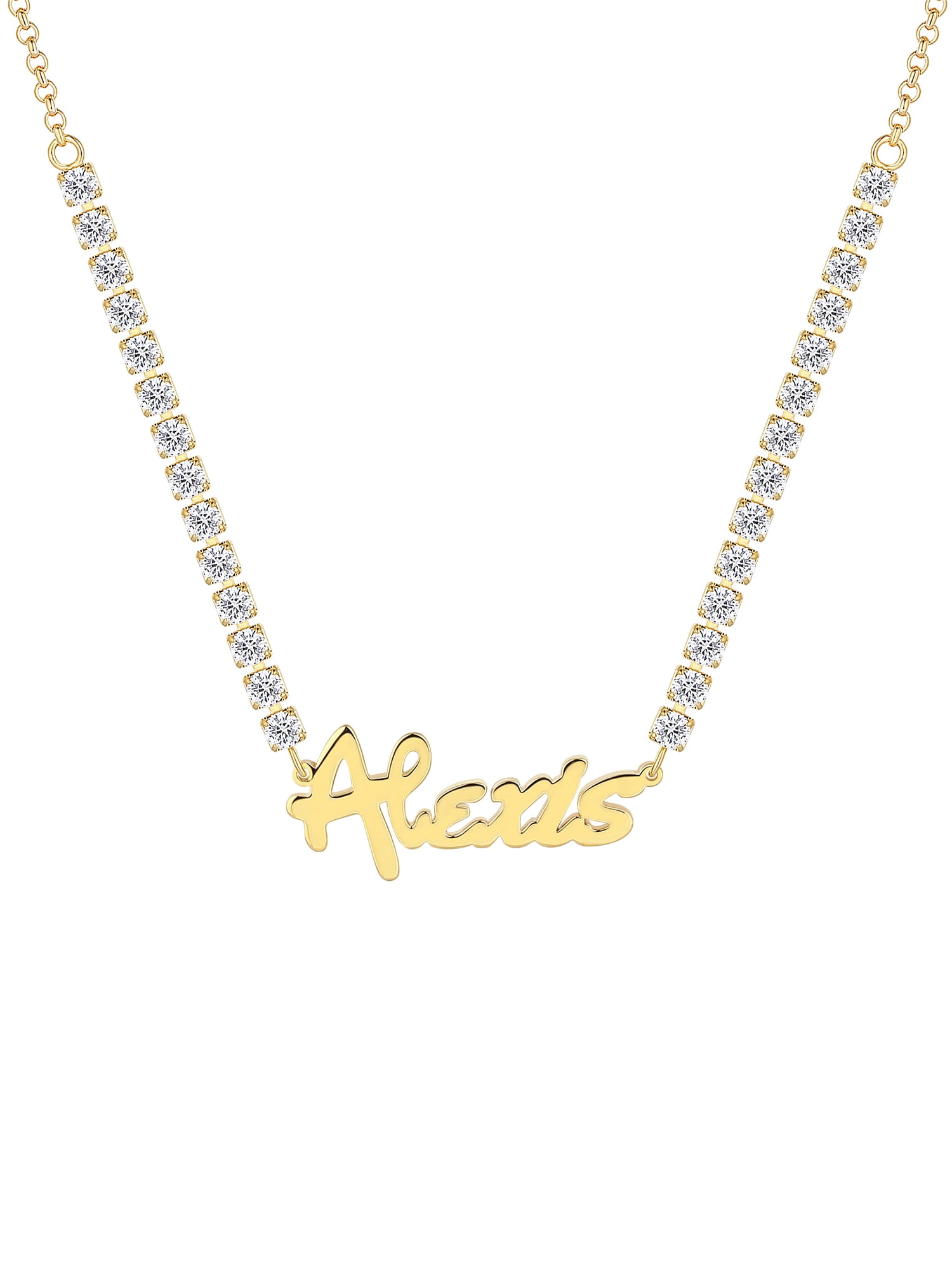 Personalized Planet Women's Bold Script Name Plaque CZ Chain Necklace