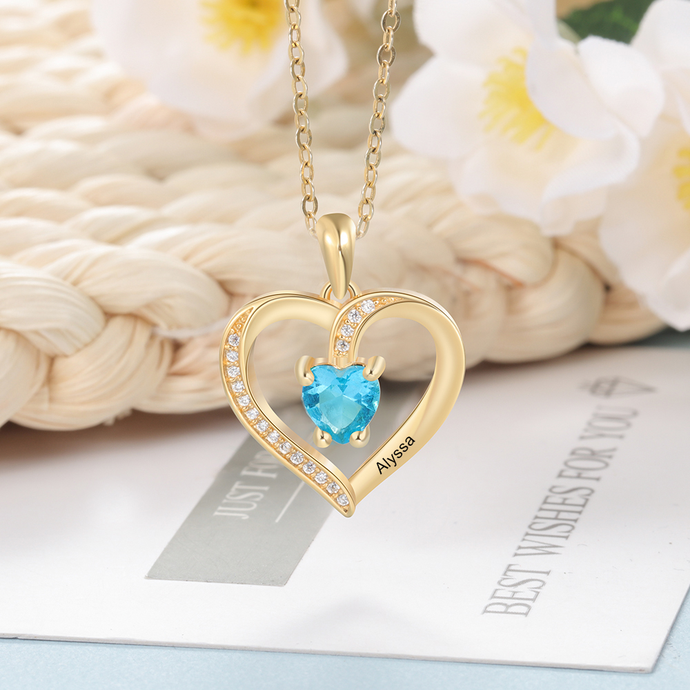 Personalized Planet Women's CZ Heart Engraved Birthstone Necklace