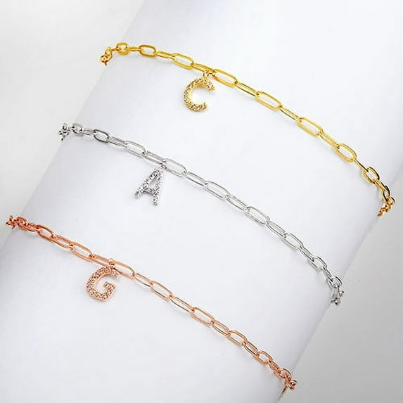 Personalized Planet Women's CZ Initial Charm Paperclip Chain Bracelet