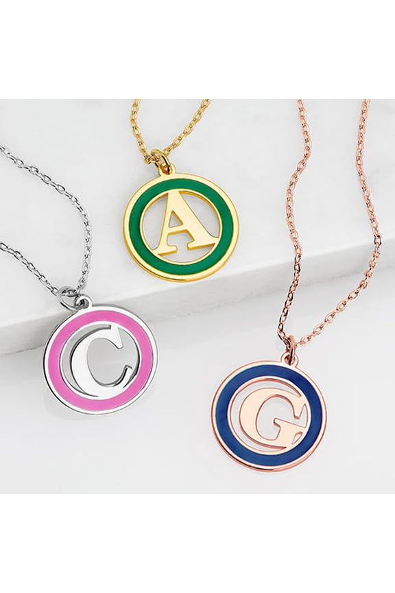 Women's Circle with Enamel Frame and Initial Necklace