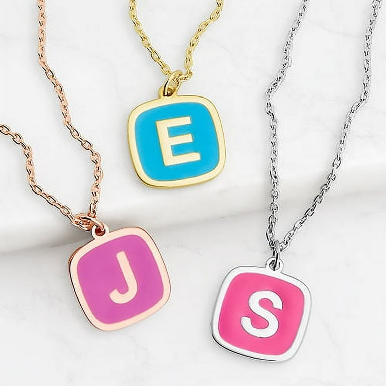 Personalized Planet Women's Cushion Shape Enamel Initial Necklace