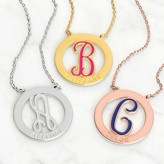 Personalized Planet Women's Enamel Initial and Engraved Name Disc Necklace