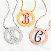 Personalized Planet Womens Enamel Initial and Engraved Name Disc Necklace