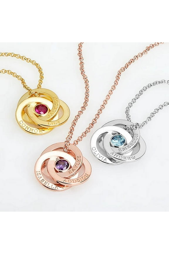 Women's Engraved Interlocking Circles with Center Birthstone Necklace