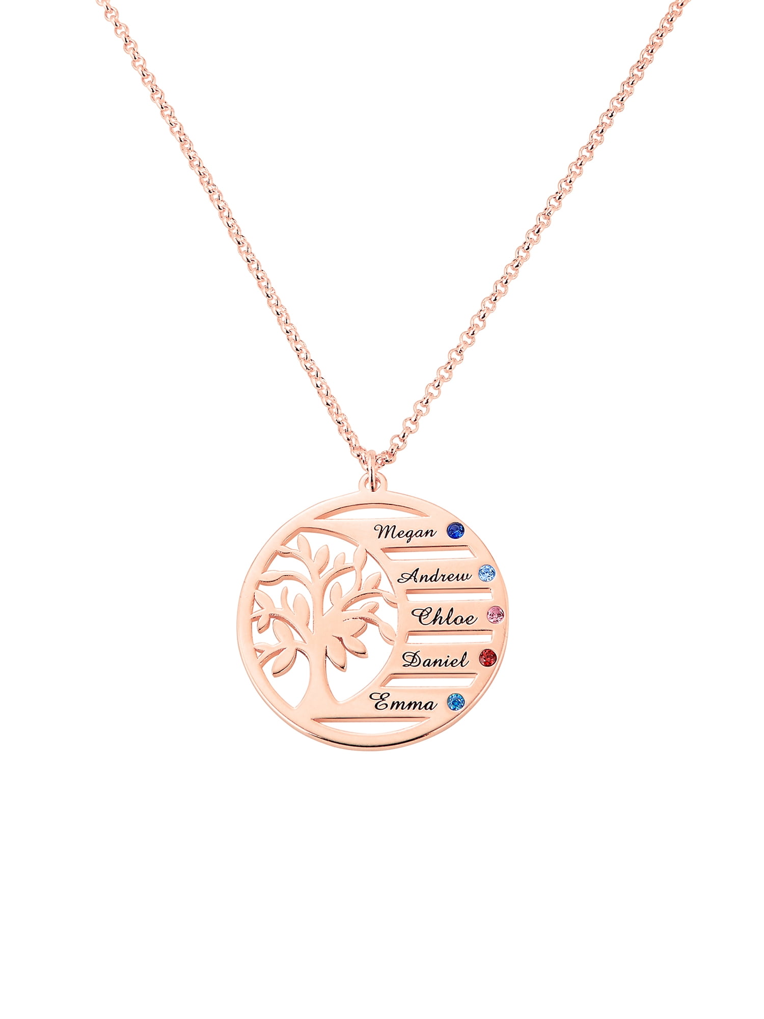 Personalized Planet Women's Family Birthstone and Engraved Name Tree of Life Necklace