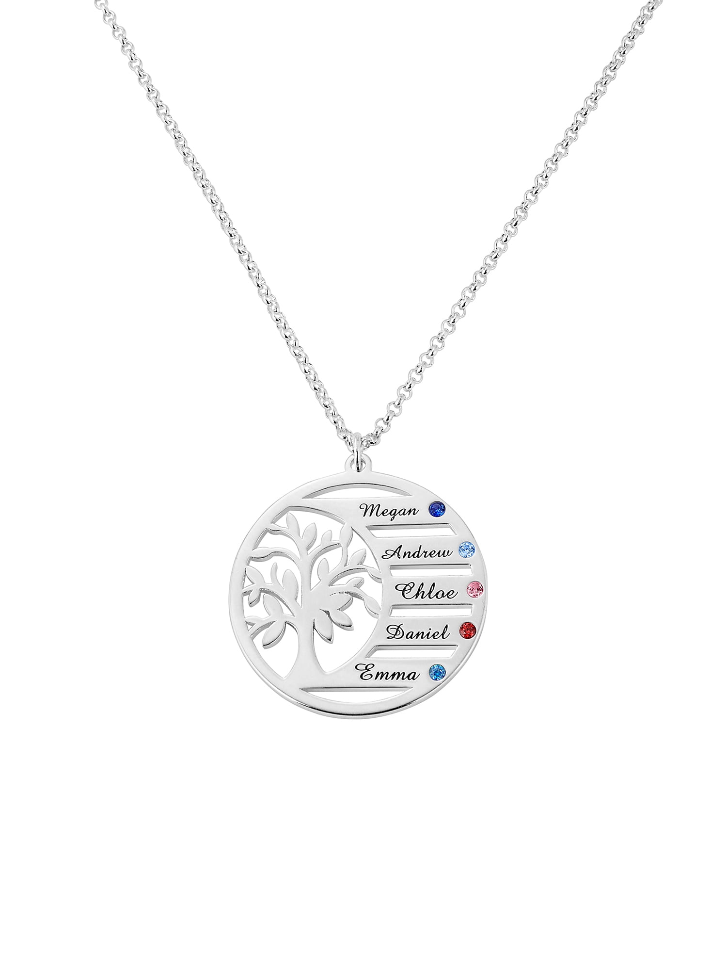 Personalized Planet Women's Family Birthstone and Engraved Name Tree of Life Necklace
