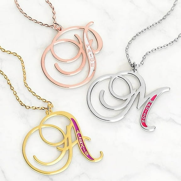Personalized Planet Women's Fancy Script Initial with Enamel Name Necklace