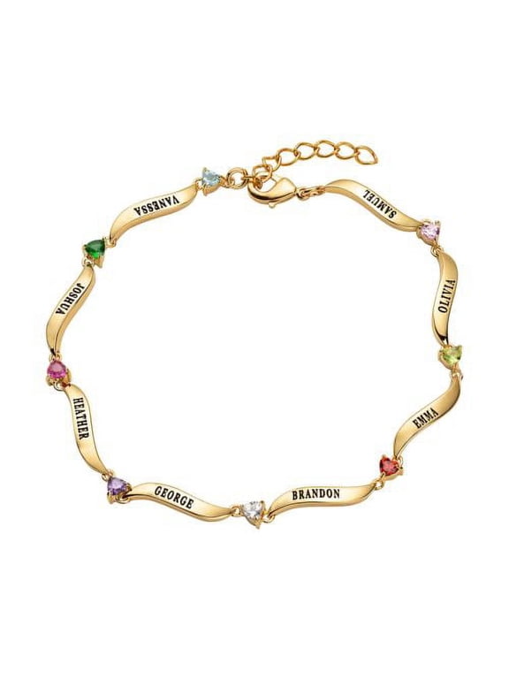 Women's Gold Plated Family Name and Heart Birthstone Bracelet