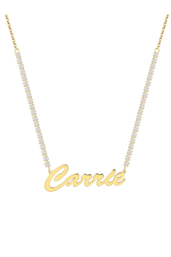 Women's Hollywood Script Name Plaque CZ Chain Necklace