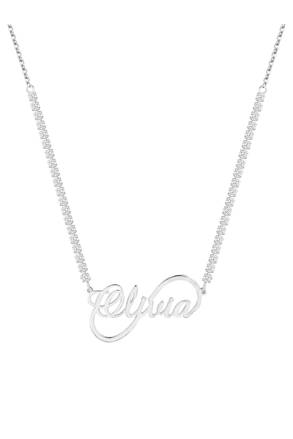 Women's Infinity Script Name Plaque CZ Chain Necklace