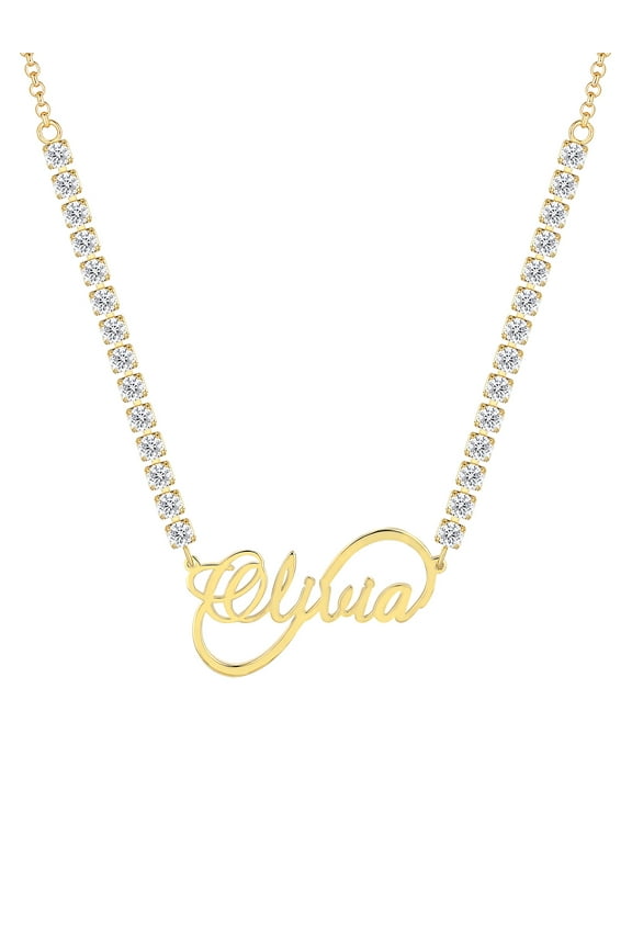 Women's Infinity Script Name Plaque CZ Chain Necklace