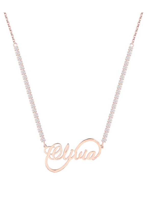 Women's Infinity Script Name Plaque CZ Chain Necklace