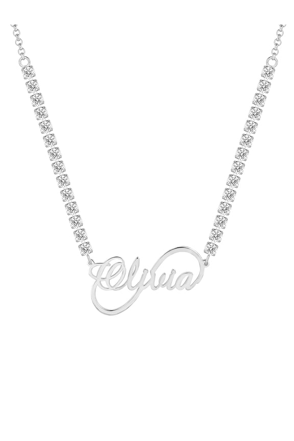 Women's Infinity Script Name Plaque CZ Chain Necklace