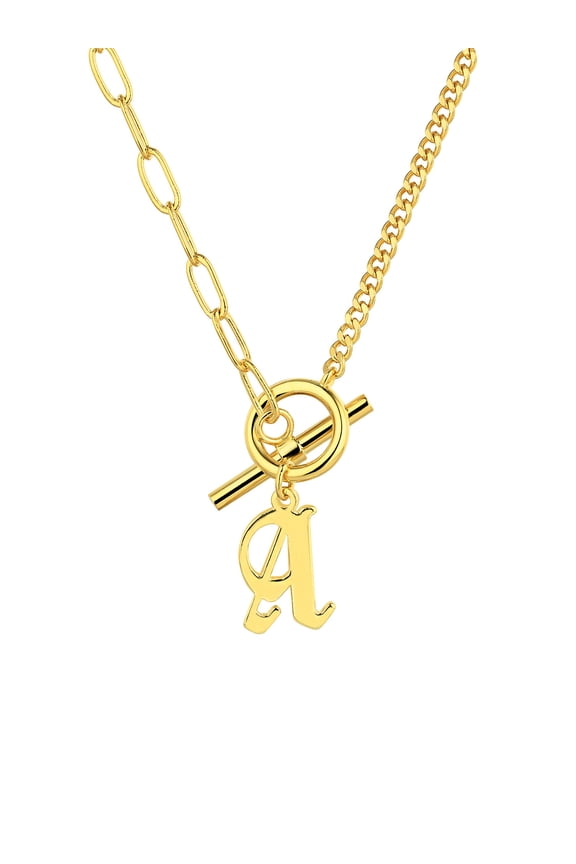 Women's Mixed Chain New Old English Initial Charm Toggle Necklace