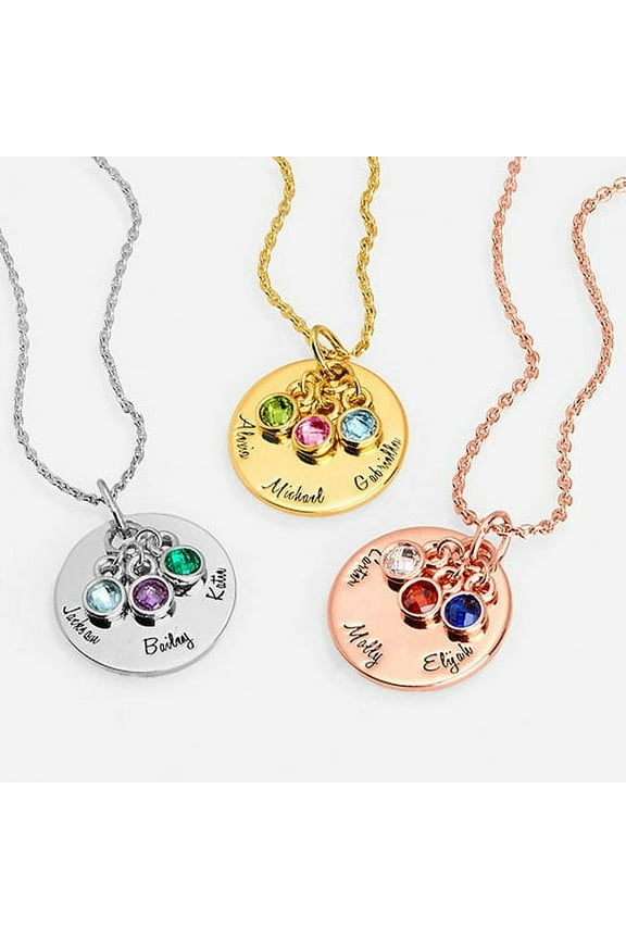 Women's Mother's Engraved Disc with Birthstones Cluster Necklace
