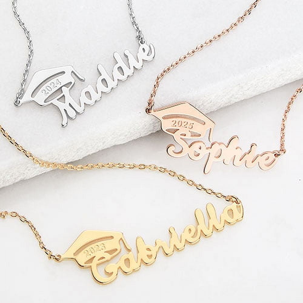 Personalized Planet Women's Name Plaque with Graduation Cap Necklace