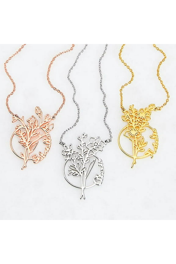 Women's Personalized Birthmonth Flower and Name Circle Necklace