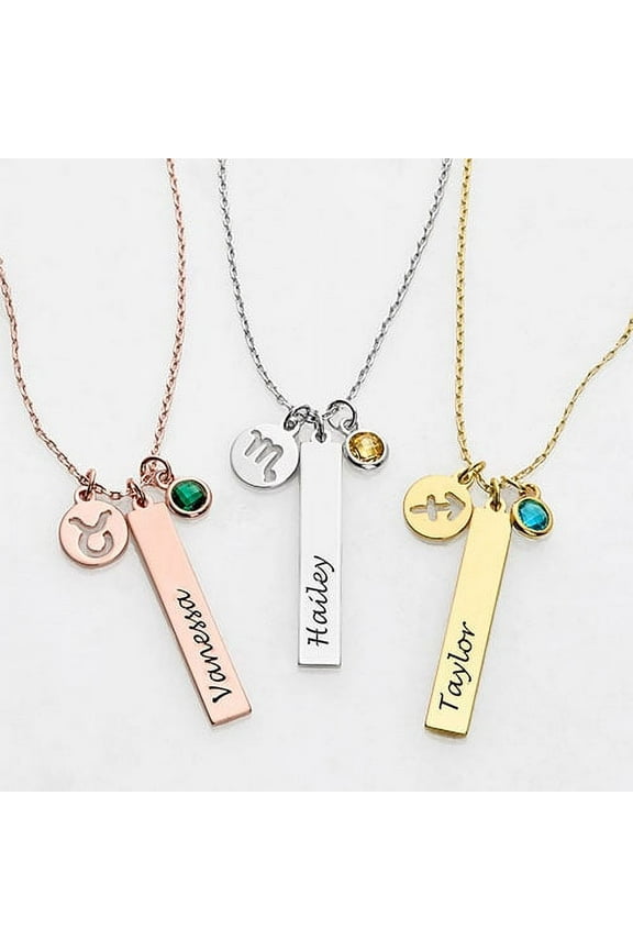 Women's Personalized Name, Zodiac Sign and Birthstone Cluster Necklace