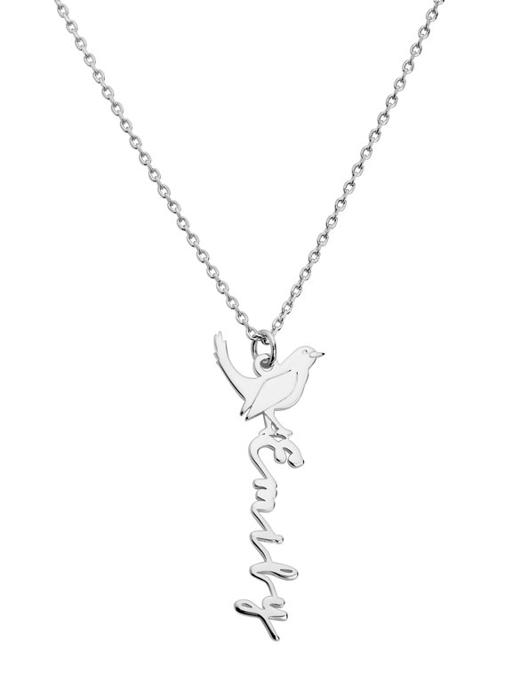 Women's Personalized Vertical Script Name with Birthmonth Bird Necklace