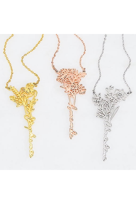Women's Personalized Vertical Script Name with Birthmonth Flower Necklace