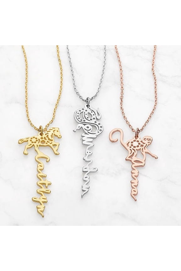Women's Personalized Vertical Script Name with Chinese Zodiac Sign Necklace