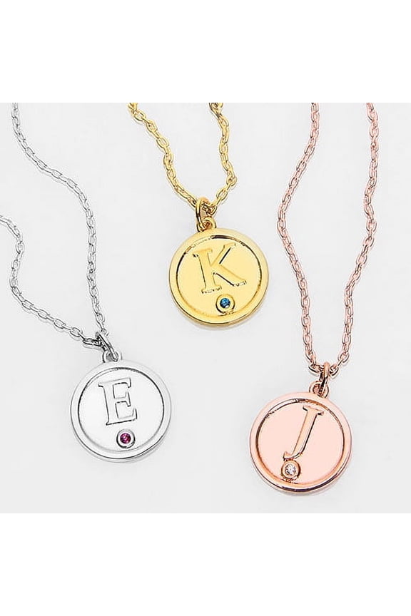Women's Petite Embossed Initial with Birthstone Disc Necklace
