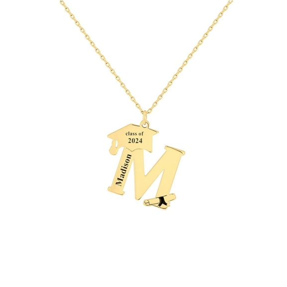 Personalized Planet Women's Plated Graduation Cap Initial and Name Necklace
