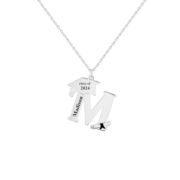 Personalized Planet Women's Plated Graduation Cap Initial and Name Necklace