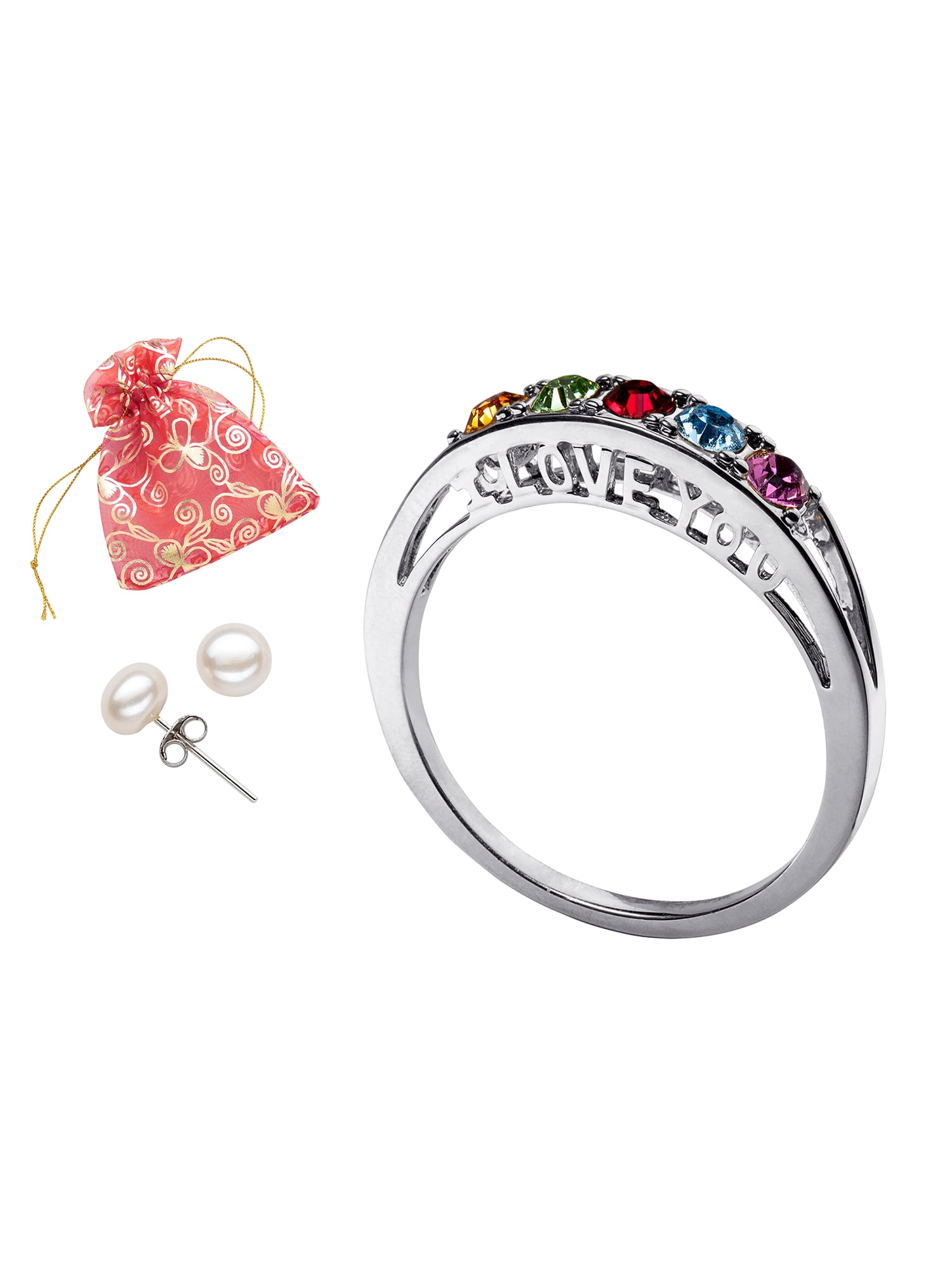 Personalized Planet Women's Rhodium plated Brass Ring with Pearl Earrings, Size 5-12,(Pack of 3)