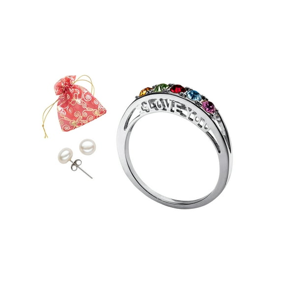 Personalized Planet Women's Rhodium plated Brass Ring with Pearl Earrings, Size 5-12,(Pack of 3)