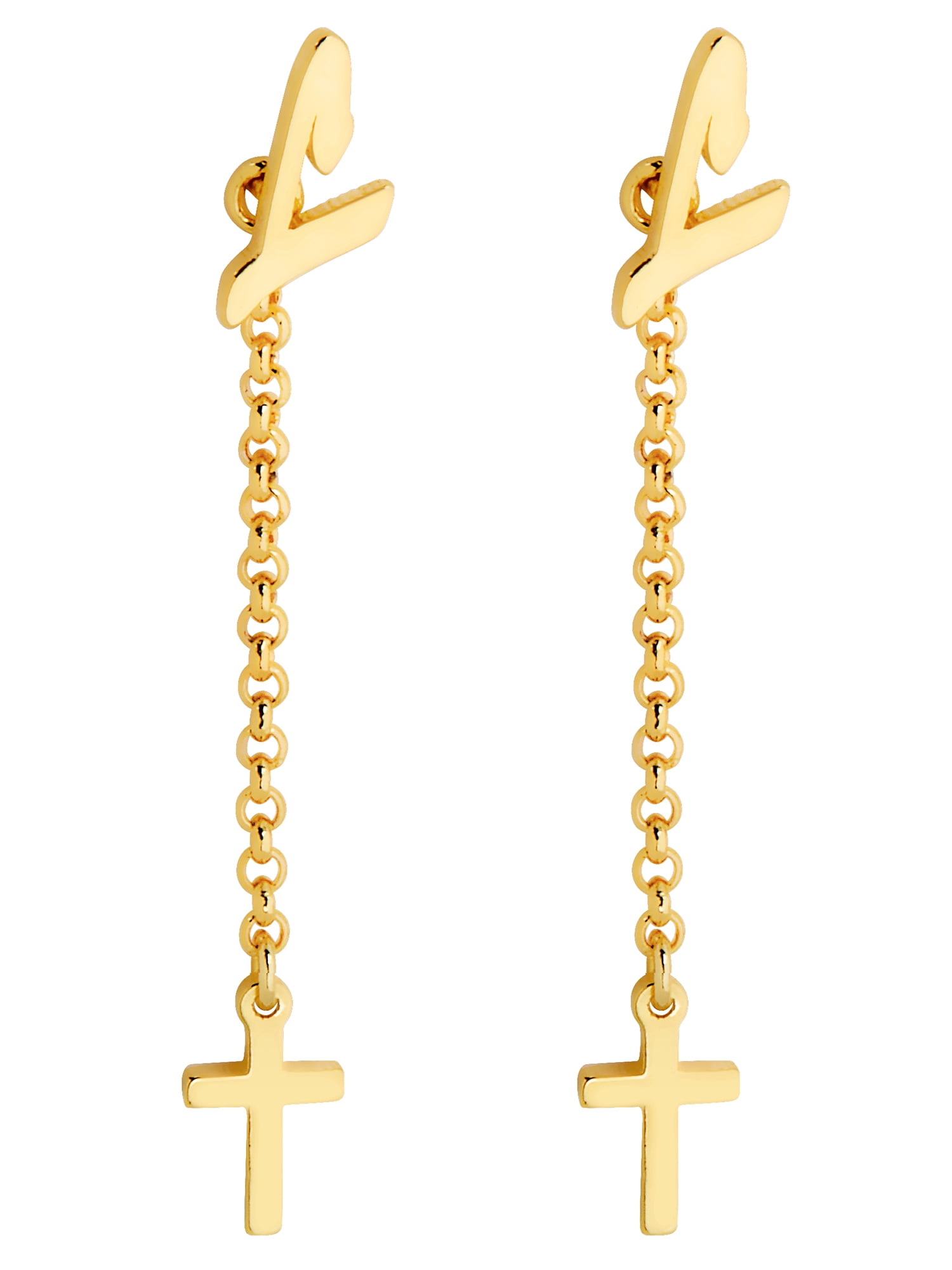 Personalized Planet Women's Script Initial Earring with Cross Dangle Button Drop Earrings