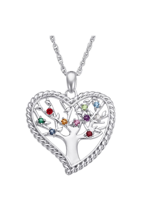 Women's Silvertone or Goldtone Family Heart Birthstone Tree Pendant, 20"