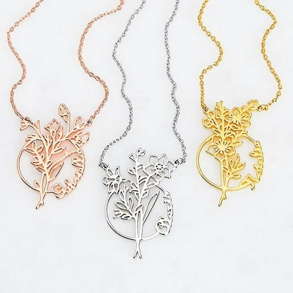 Personalized Planet Women's Sterling Silver Birthmonth Flower and Name Circle Necklace