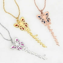Personalized Planet Women's Sterling Silver Birthstone Enamel Butterfly Vertical Name Necklace