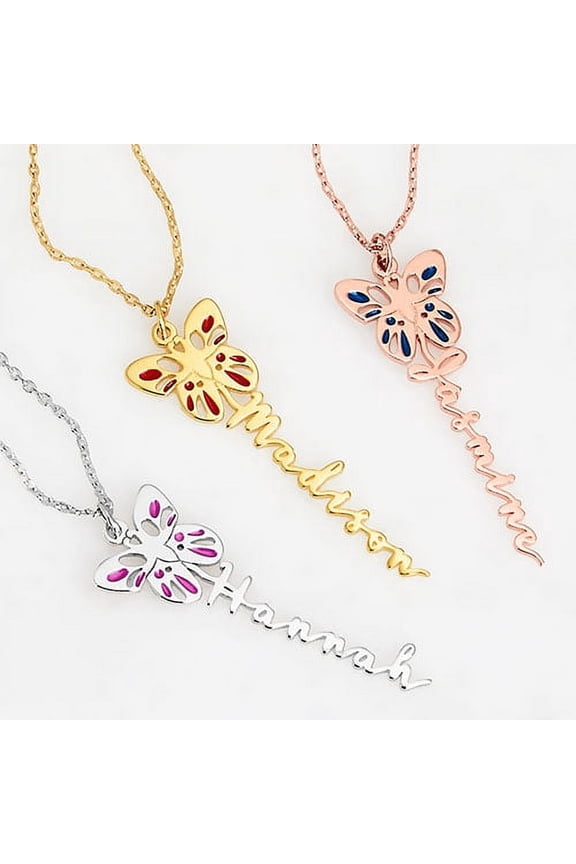 Women's Sterling Silver Birthstone Enamel Butterfly Vertical Name Necklace