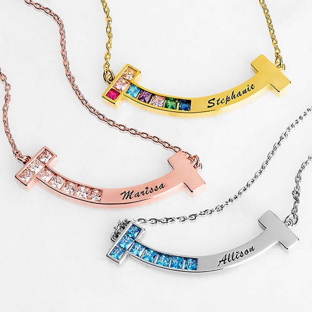 Personalized Planet Women's Sterling Silver Birthstone and Engraved Curved Bar Necklace
