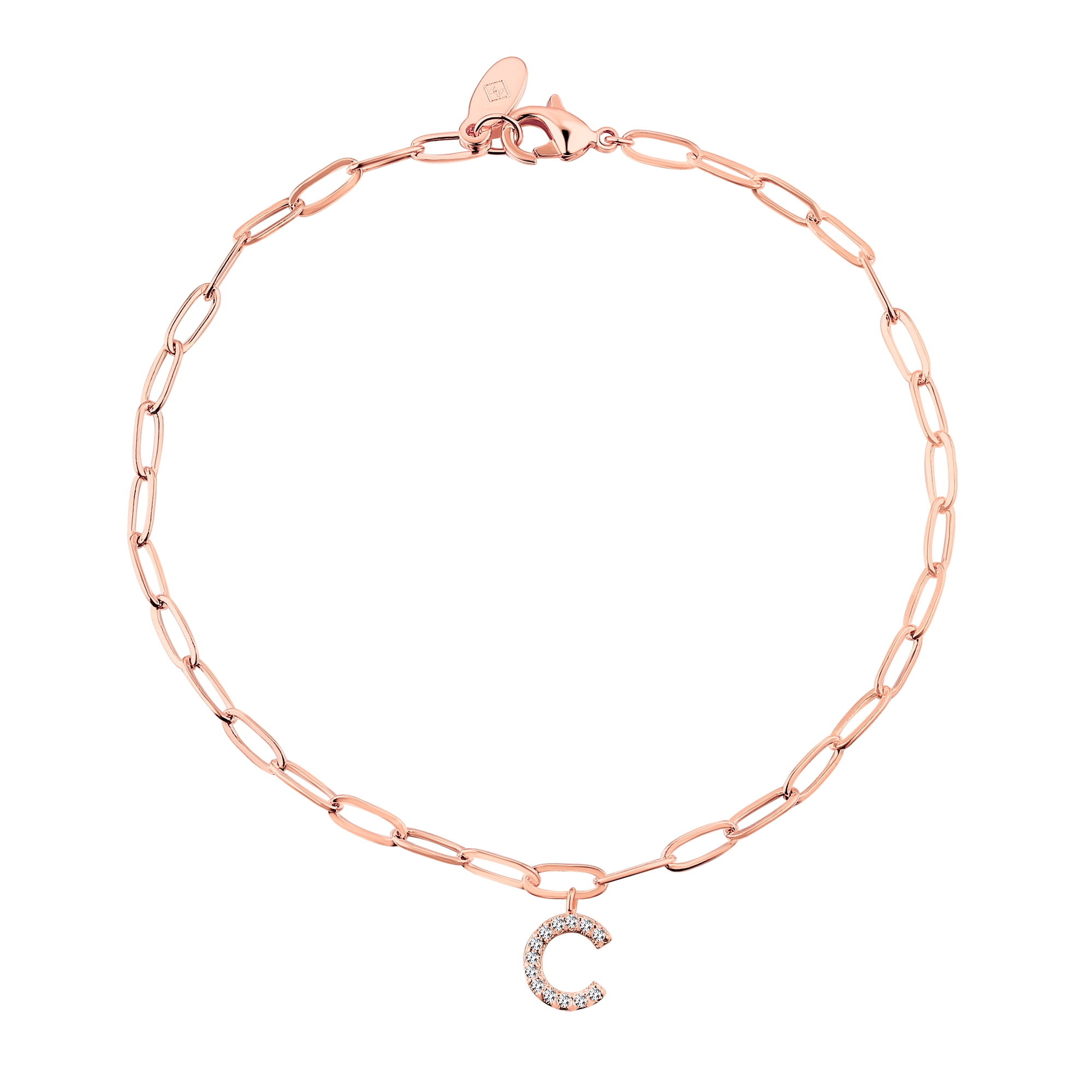 Personalized Planet Women's Sterling Silver CZ Initial Charm Paperclip Chain Bracelet