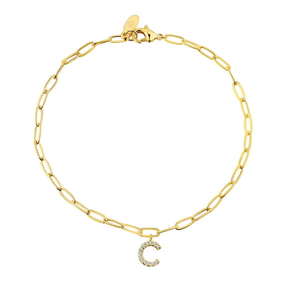 Personalized Planet Women's Sterling Silver CZ Initial Charm Paperclip Chain Bracelet