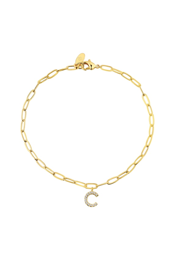 Women's Sterling Silver CZ Initial Charm Paperclip Chain Bracelet