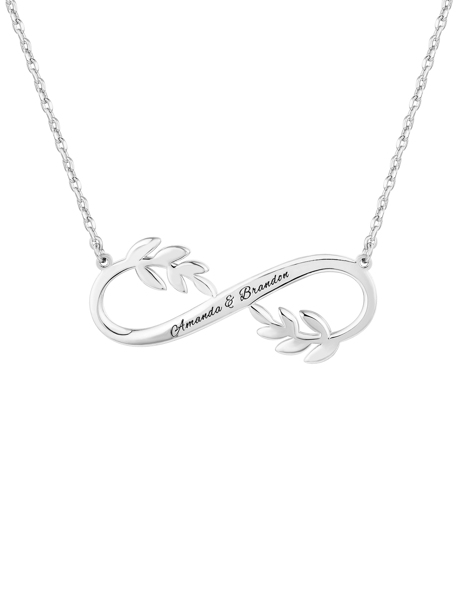 Personalized Planet Women's Sterling Silver Couples Engraved Infinity with Leaves Pendant