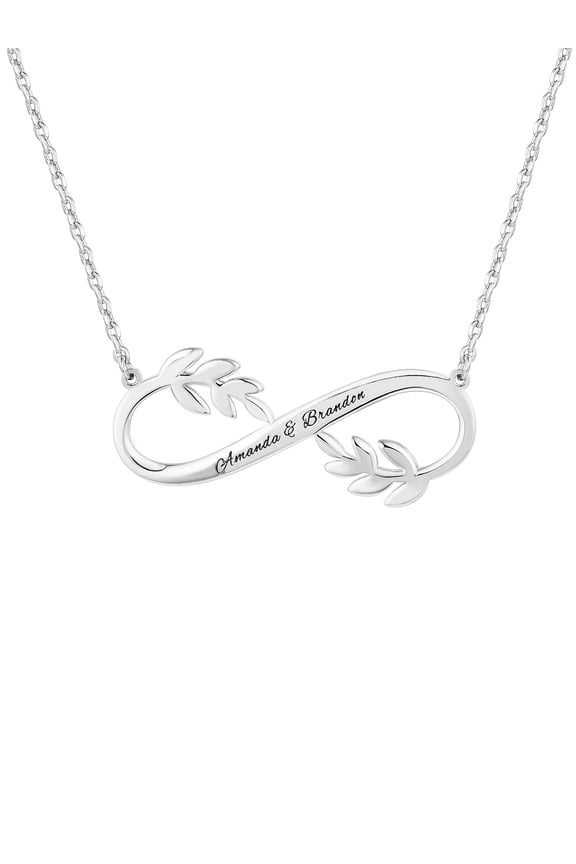 Women's Sterling Silver Couples Engraved Infinity with Leaves Pendant