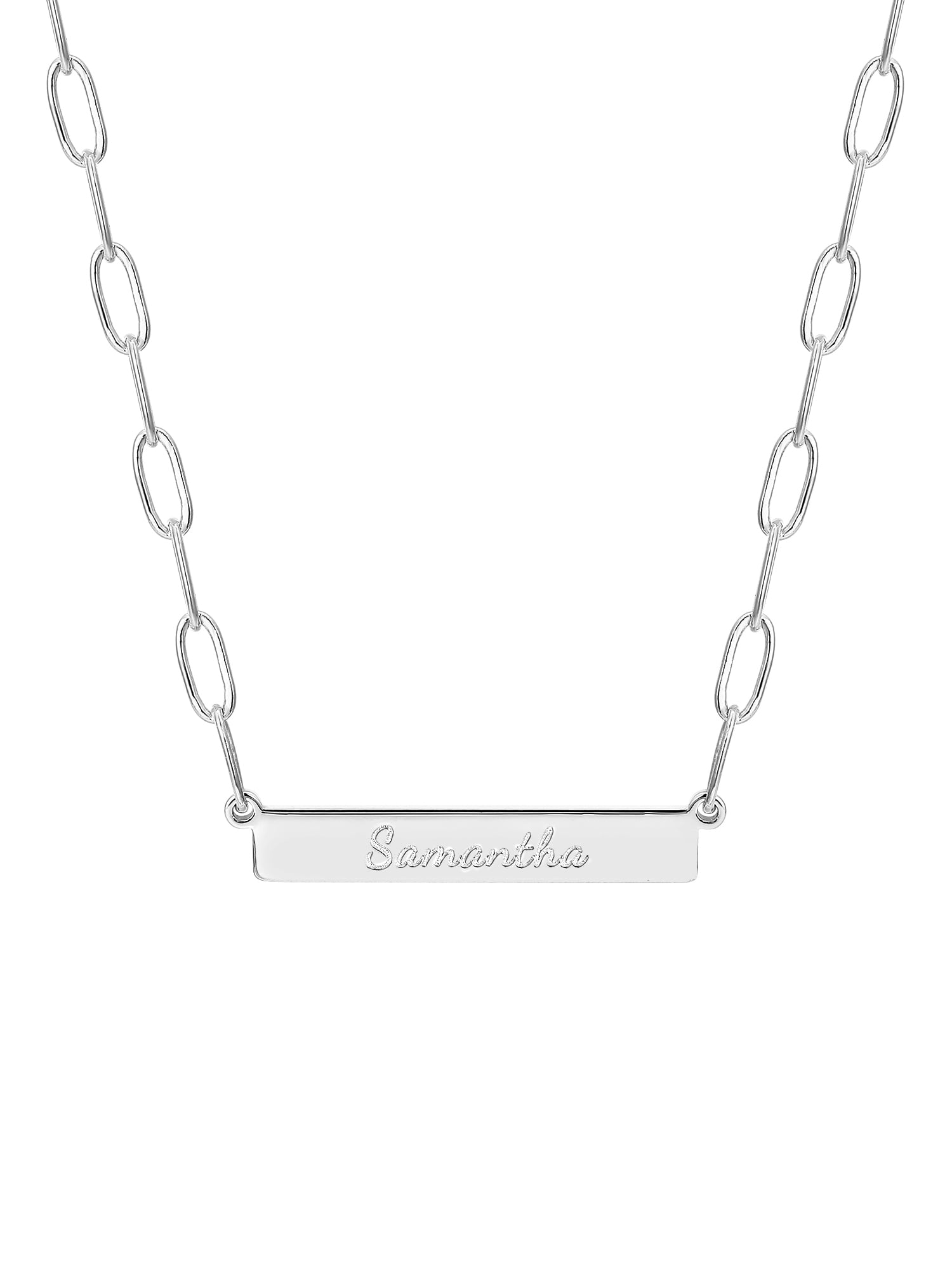 Personalized Planet Women's Sterling Silver Engraved Horizontal Bar Paperclip Chain Necklace