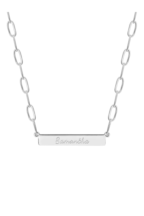 Women's Sterling Silver Engraved Horizontal Bar Paperclip Chain Necklace