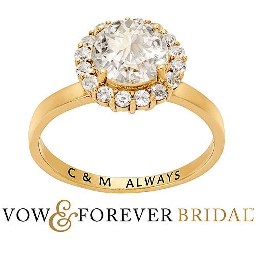 Vow & Forever Personalized Bridal 14K Gold over Sterling Silver Halo White Topaz Solitaire Engraved Engagement Ring
