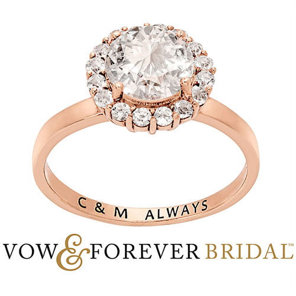 Vow & Forever Personalized Bridal 14K Rose Gold over Sterling Silver Halo White Topaz Solitaire Engraved Engagement Ring