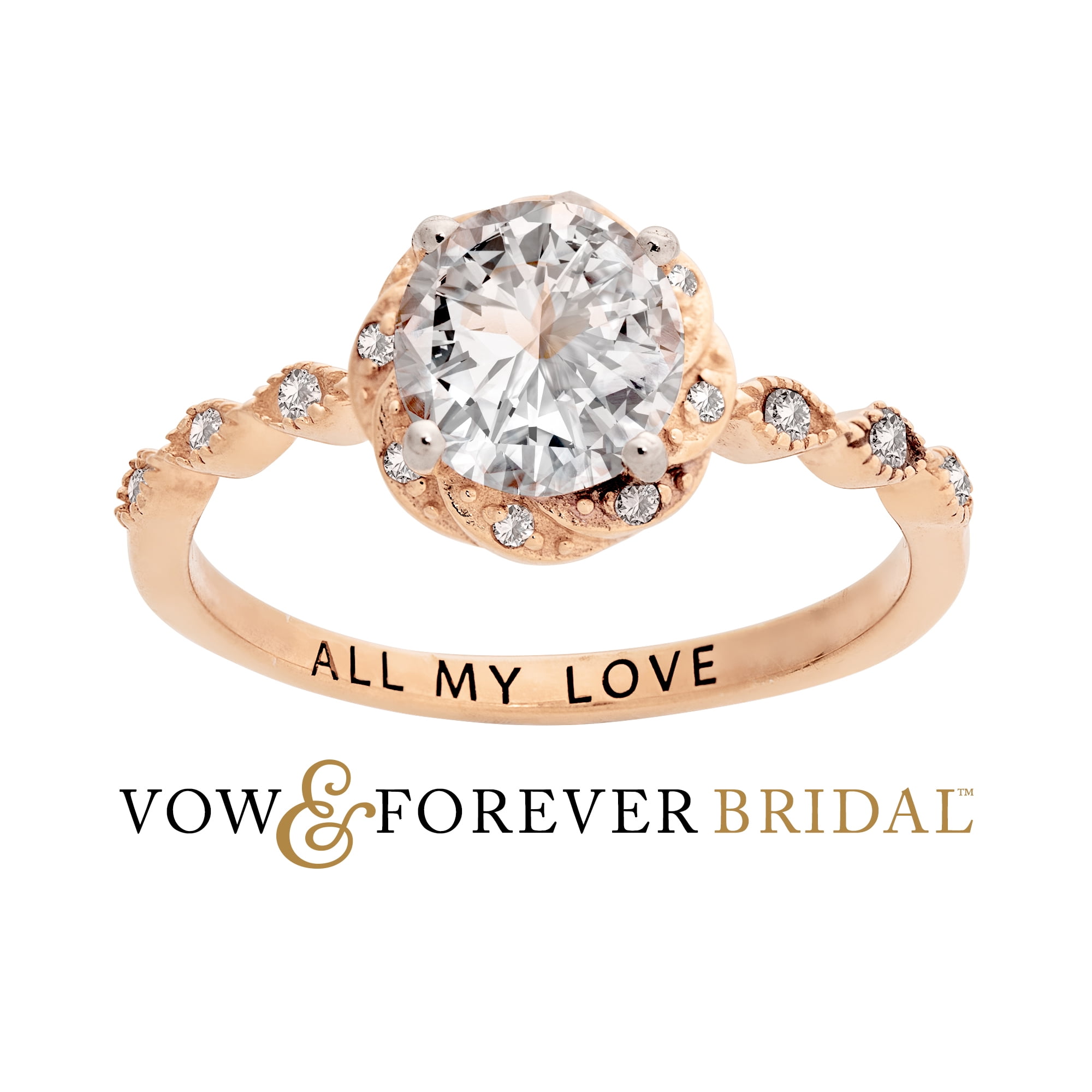 Vow & Forever Personalized Bridal 14K Rose Gold over Sterling Silver White Topaz with Halo Diamond Accent Engraved Engagement Ring