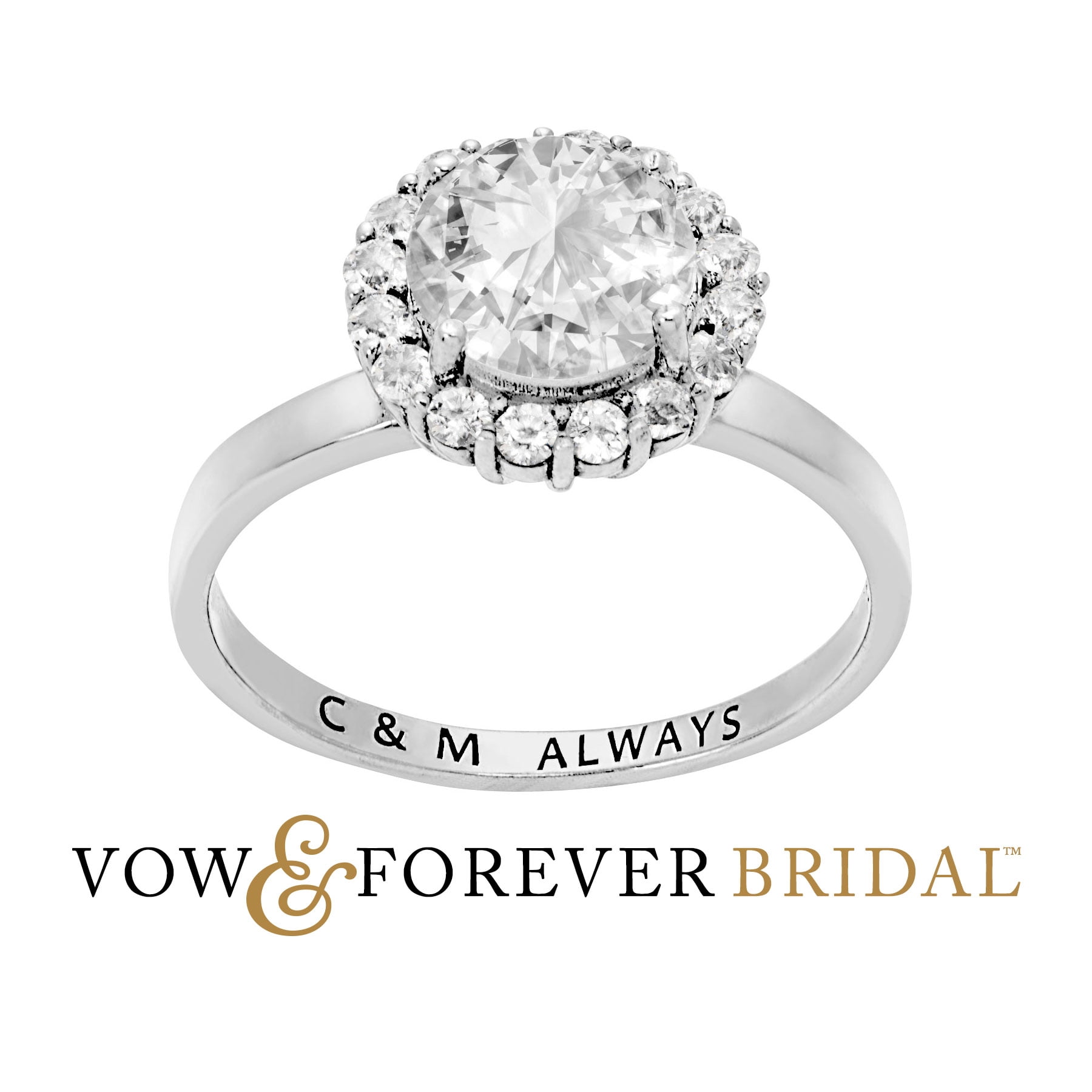 Vow & Forever Personalized Bridal Platinum over Sterling Silver Halo White Topaz Solitaire Engraved Engagement Ring