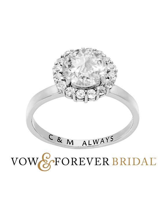Vow & Forever Personalized Bridal Platinum over Sterling Silver Halo White Topaz Solitaire Engraved Engagement Ring