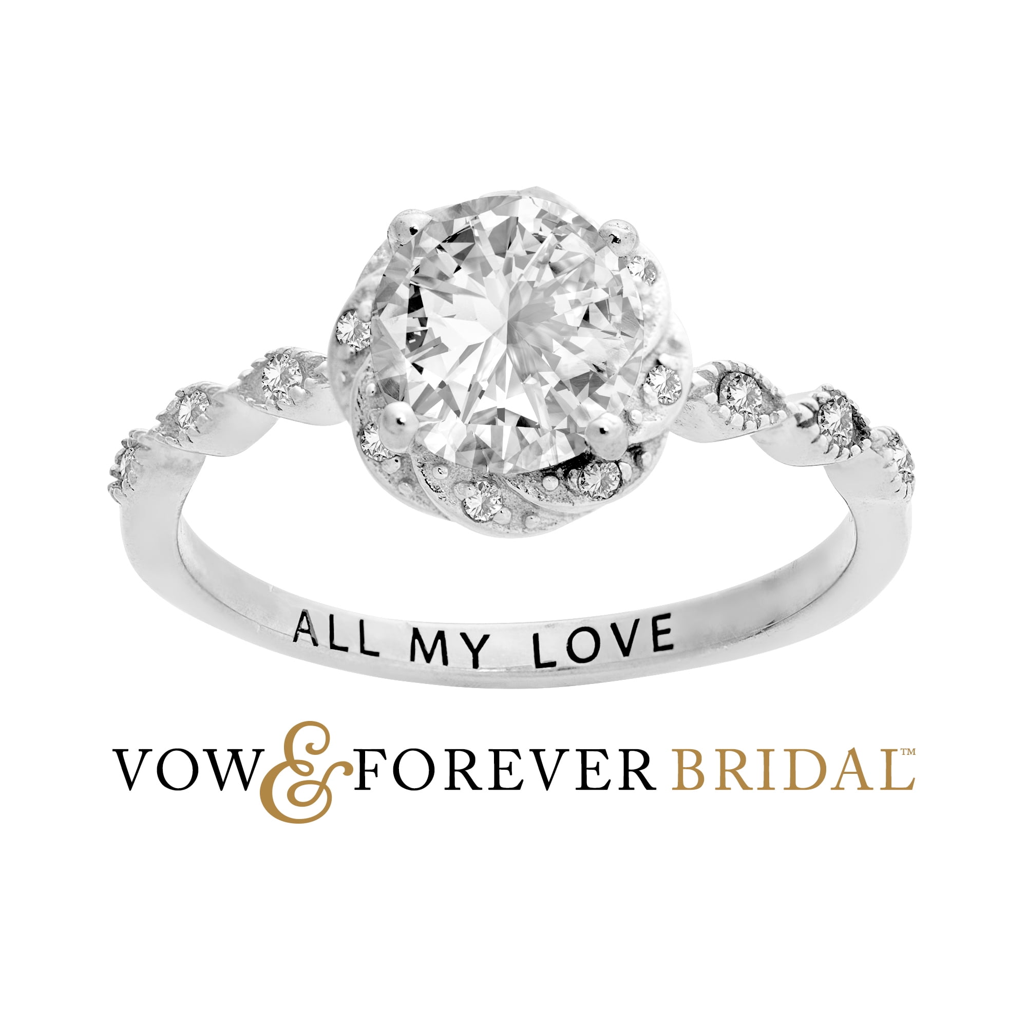 Vow & Forever Personalized Bridal Platinum over Sterling Silver White Topaz with Halo Diamond Accent Engraved Engagement Ring